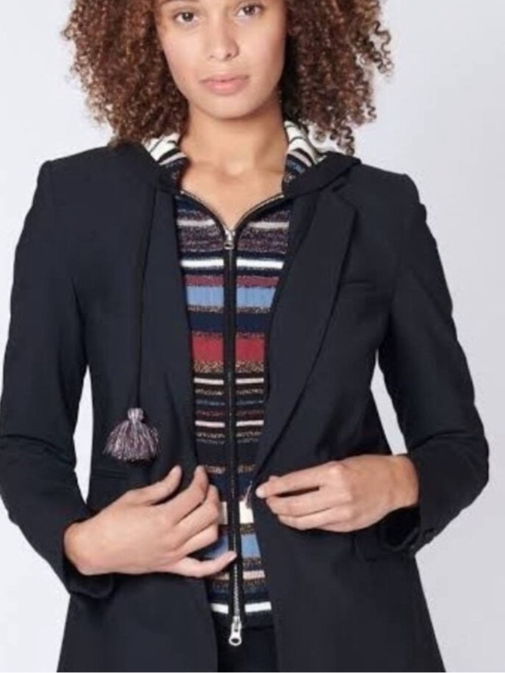 $248 VERONICA BEARD Lupe Navy Lurex Metallic Striped Hooded Dickey jacket insert